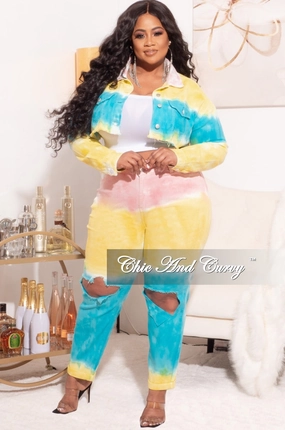 Chill Comfort Wear Final Sale Plus Size 2pc Set Distressed Denim Jacket & Pants in Turquoise, Yellow, & Peach Tie Dye