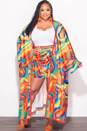 Casual Layer Fit Final Sale Plus Size 2pc Set Duster & Shorts in Yellow Mixed Print