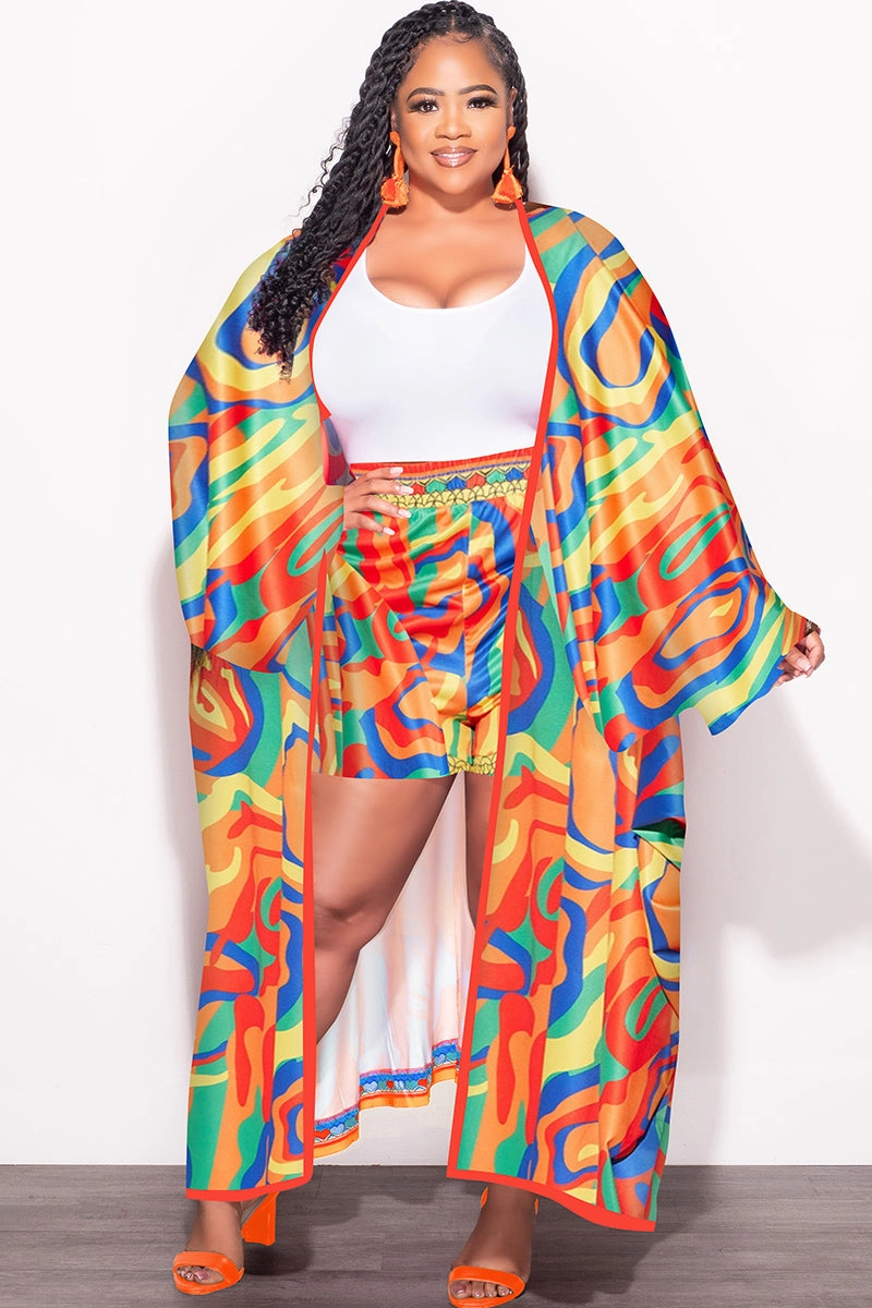 Casual Layer Fit Final Sale Plus Size 2pc Set Duster & Shorts in Yellow Mixed Print