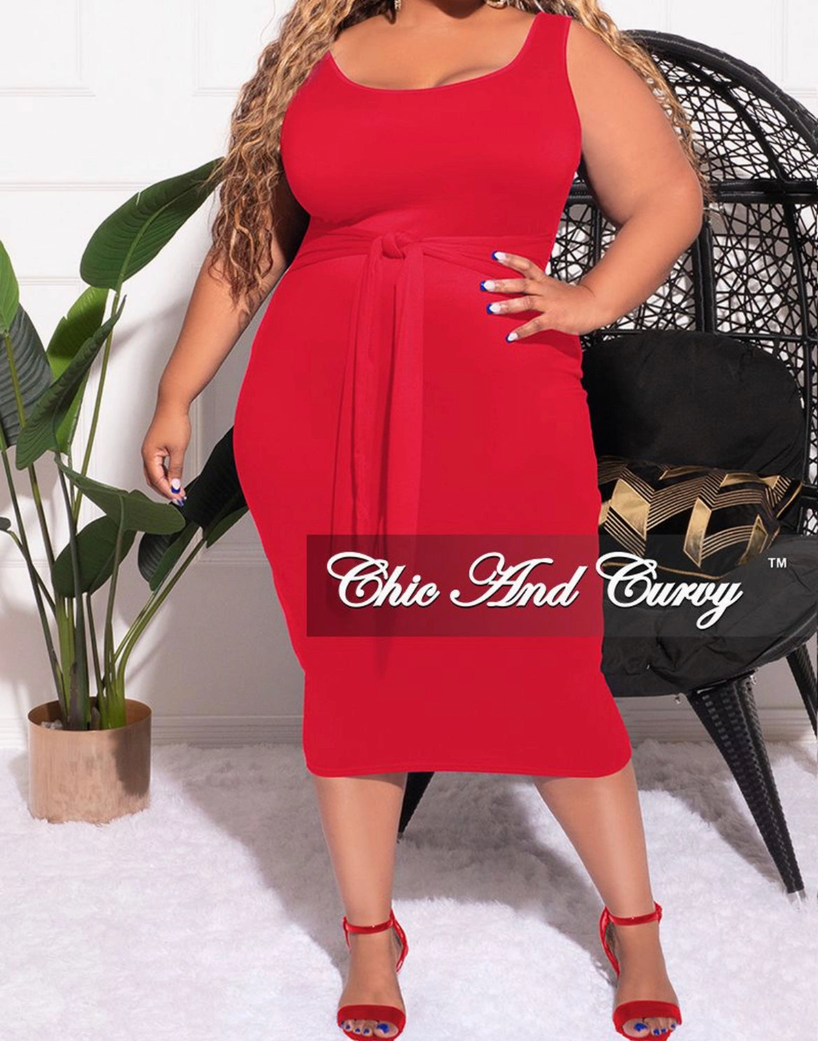 Non Restrictive Cut Final Sale Plus Size 2pc Set Duster & Tank Tie Dress in Red & White