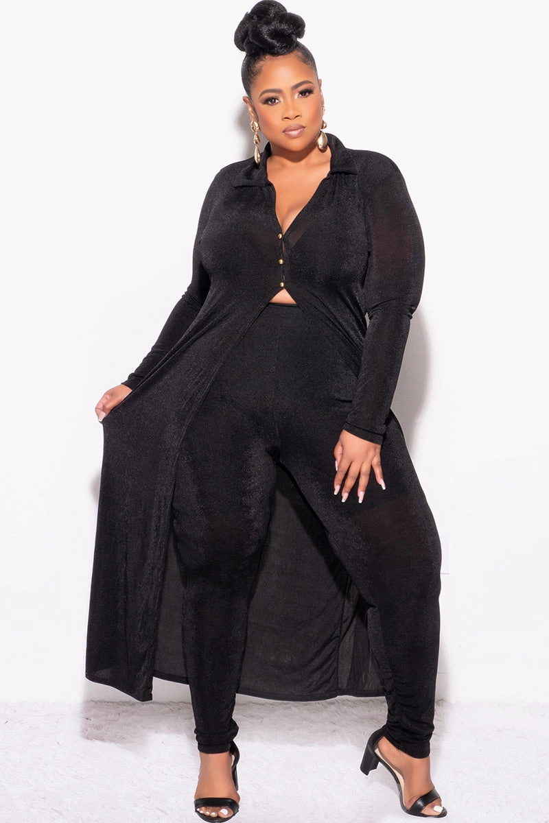 Final Sale Plus Size 2pc Set Duster Top with Front Gold Buttons and Matching Pants in Black Slinky Fabric Casual Stretch Wear Everyday Must-have