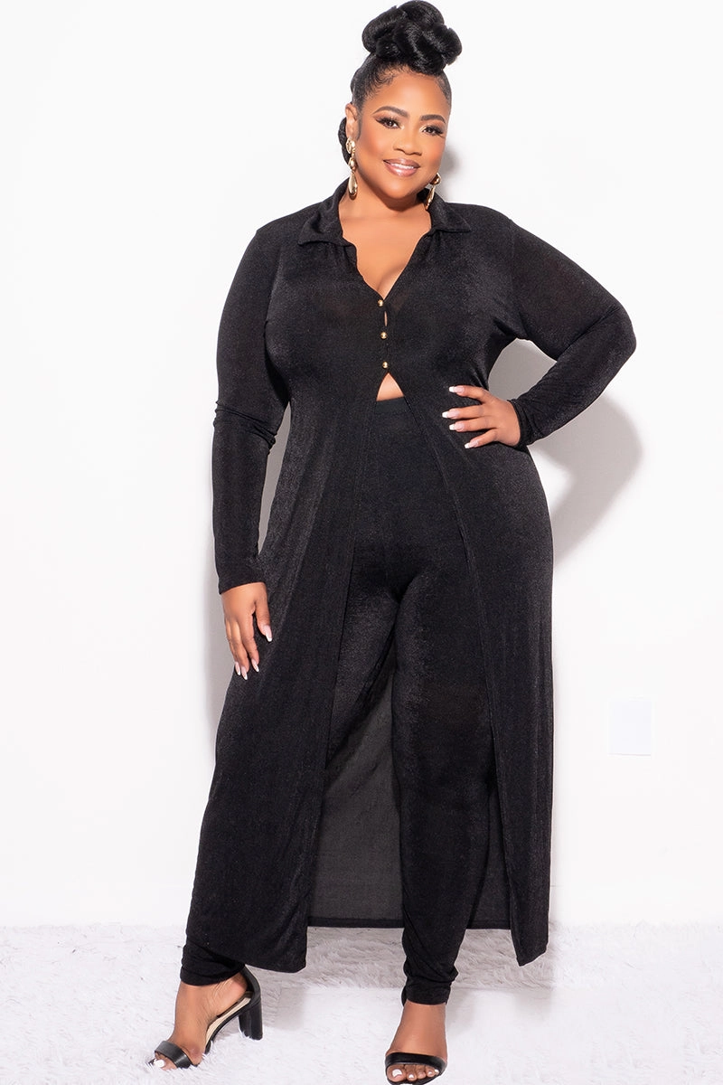Quick Adjust Fit Chill Comfort Final Sale Plus Size 2pc Set Duster Top with Front Gold Buttons and Matching Pants in Black Slinky Fabric