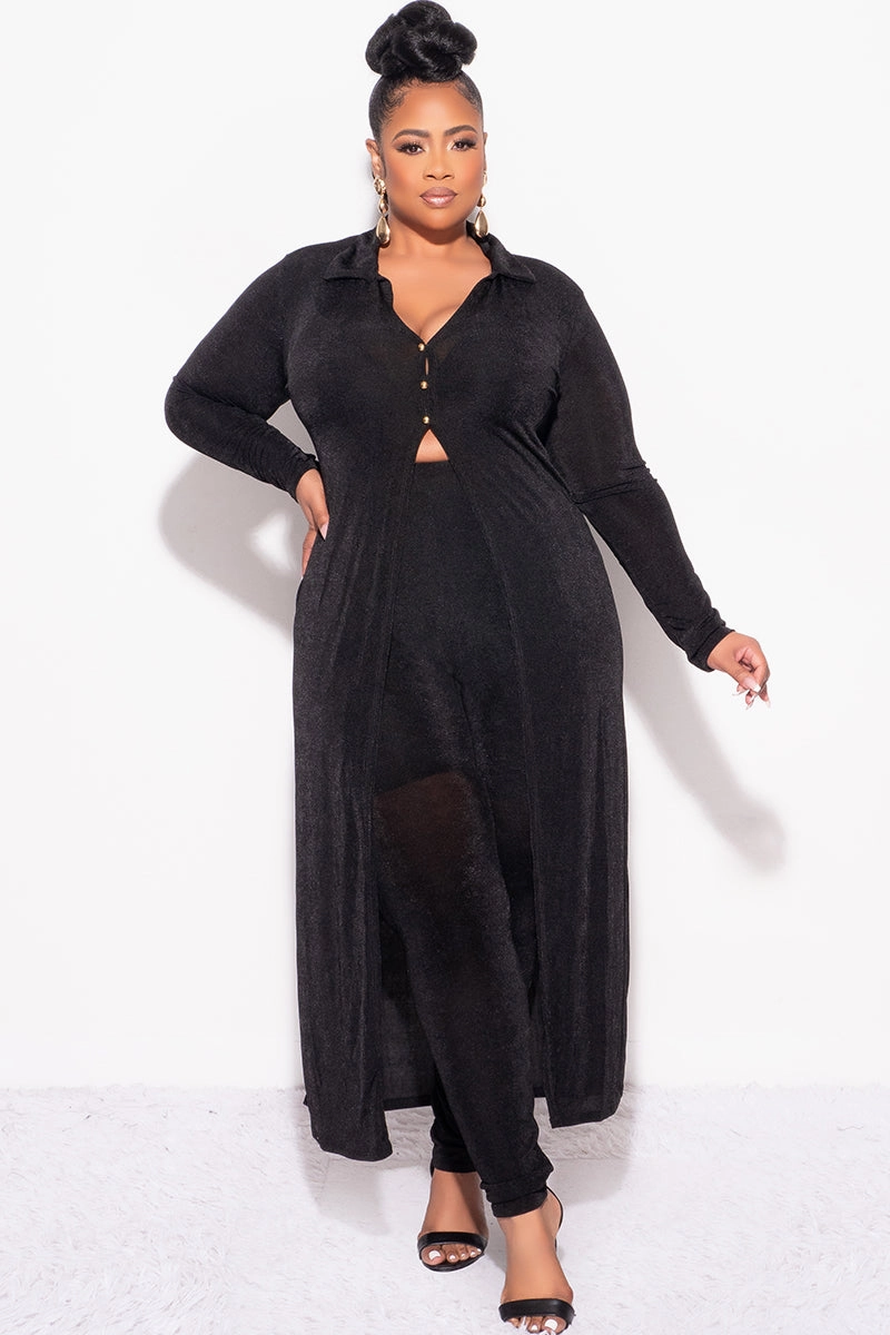Urban Ready Final Sale Plus Size 2pc Set Duster Top with Front Gold Buttons and Matching Pants in Black Slinky Fabric