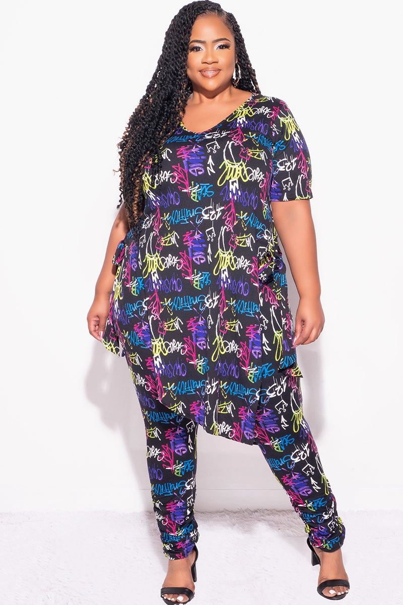 Final Sale Plus Size 2pc Set in Black Graffiti Print Classic Comfort