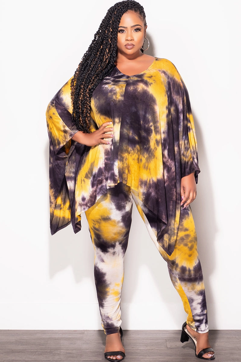 Final Sale Plus Size 2pc Set in Mustard and Black Tie Dye Print Flat Lock Seams Cold Weather Wear