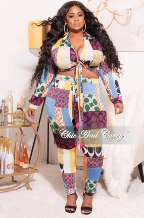 Final Sale Plus Size 2pc Set Multi-Colorblock Print Tie Top & Pants Anti Static Fabric Classic Cut