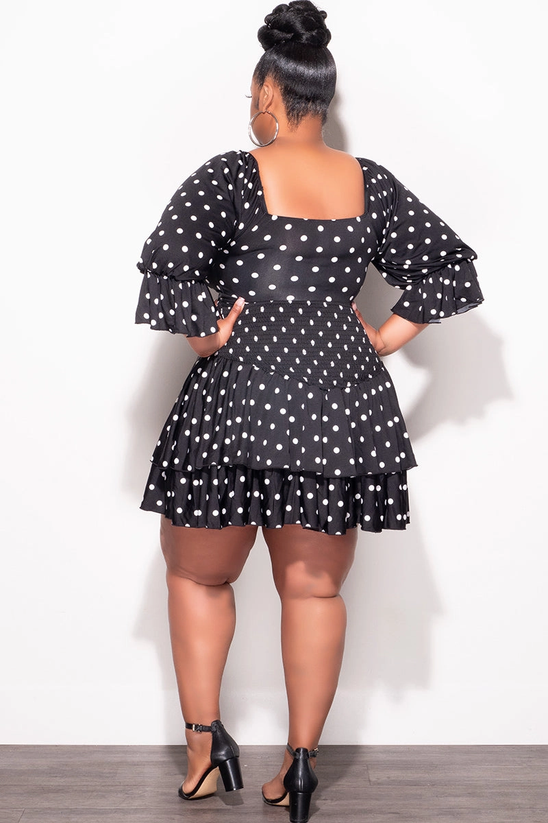 Final Sale Plus Size 2pc Set Off the Shoulder Crop Tie Top and Ruffle Layered Hem Mini Skirt in Black & White Polka Dot Slim Fit Wear