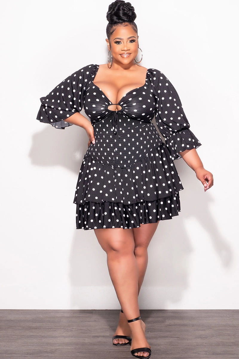 Stretchable Waist Lightweight Construction Final Sale Plus Size 2pc Set Off the Shoulder Crop Tie Top and Ruffle Layered Hem Mini Skirt in Black & White Polka Dot