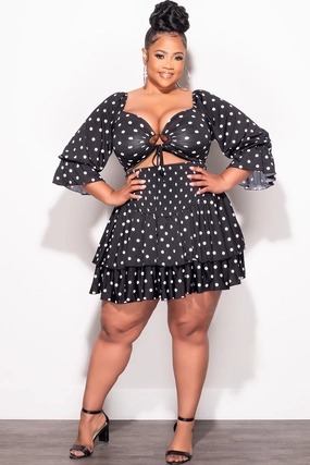 Free Movement Stretchy Material Final Sale Plus Size 2pc Set Off the Shoulder Crop Tie Top and Ruffle Layered Hem Mini Skirt in Black & White Polka Dot