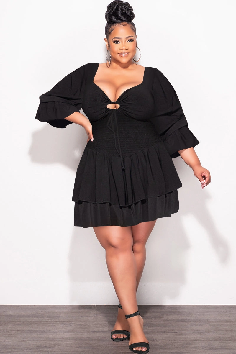 Wind Resistance Functional Stretch Final Sale Plus Size 2pc Set Off the Shoulder Crop Tie Top and Ruffle Layered Hem Mini Skirt in Black