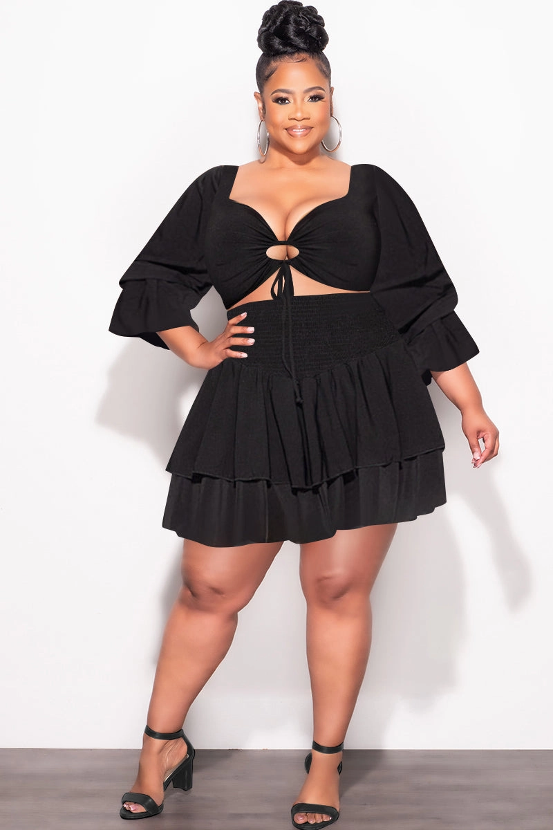 Final Sale Plus Size 2pc Set Off the Shoulder Crop Tie Top and Ruffle Layered Hem Mini Skirt in Black AntiSlipWaistband Slim wear