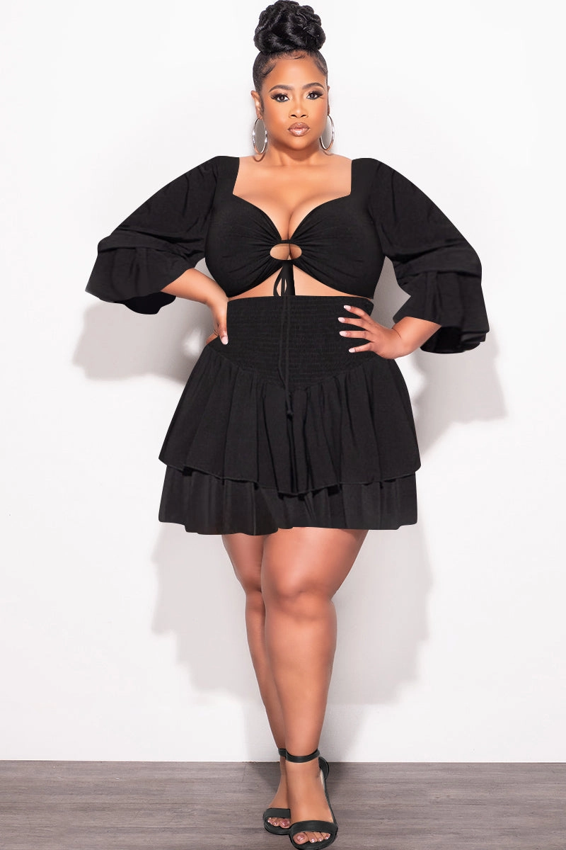 AbrasionResistant Final Sale Plus Size 2pc Set Off the Shoulder Crop Tie Top and Ruffle Layered Hem Mini Skirt in Black