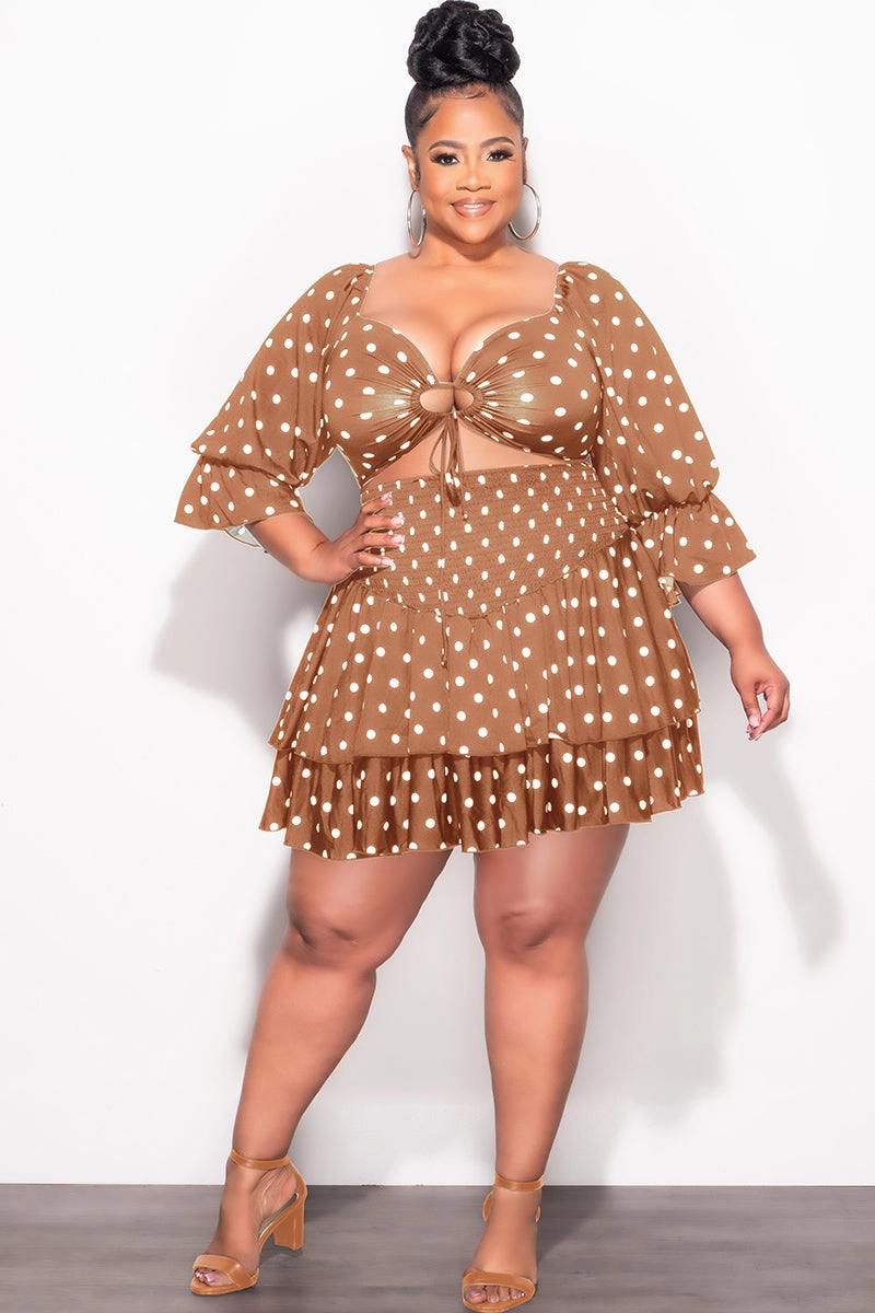 Durable Twill Final Sale Plus Size 2pc Set Off the Shoulder Crop Tie Top and Ruffle Layered Hem Mini Skirt in Dark Mustard with White Polka