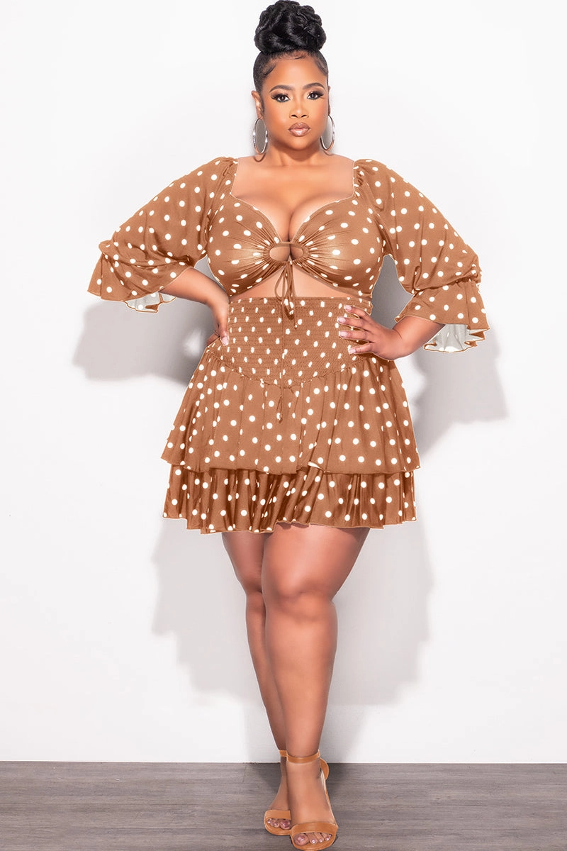 CompressionSupport Final Sale Plus Size 2pc Set Off the Shoulder Crop Tie Top and Ruffle Layered Hem Mini Skirt in Dark Mustard with White Polka