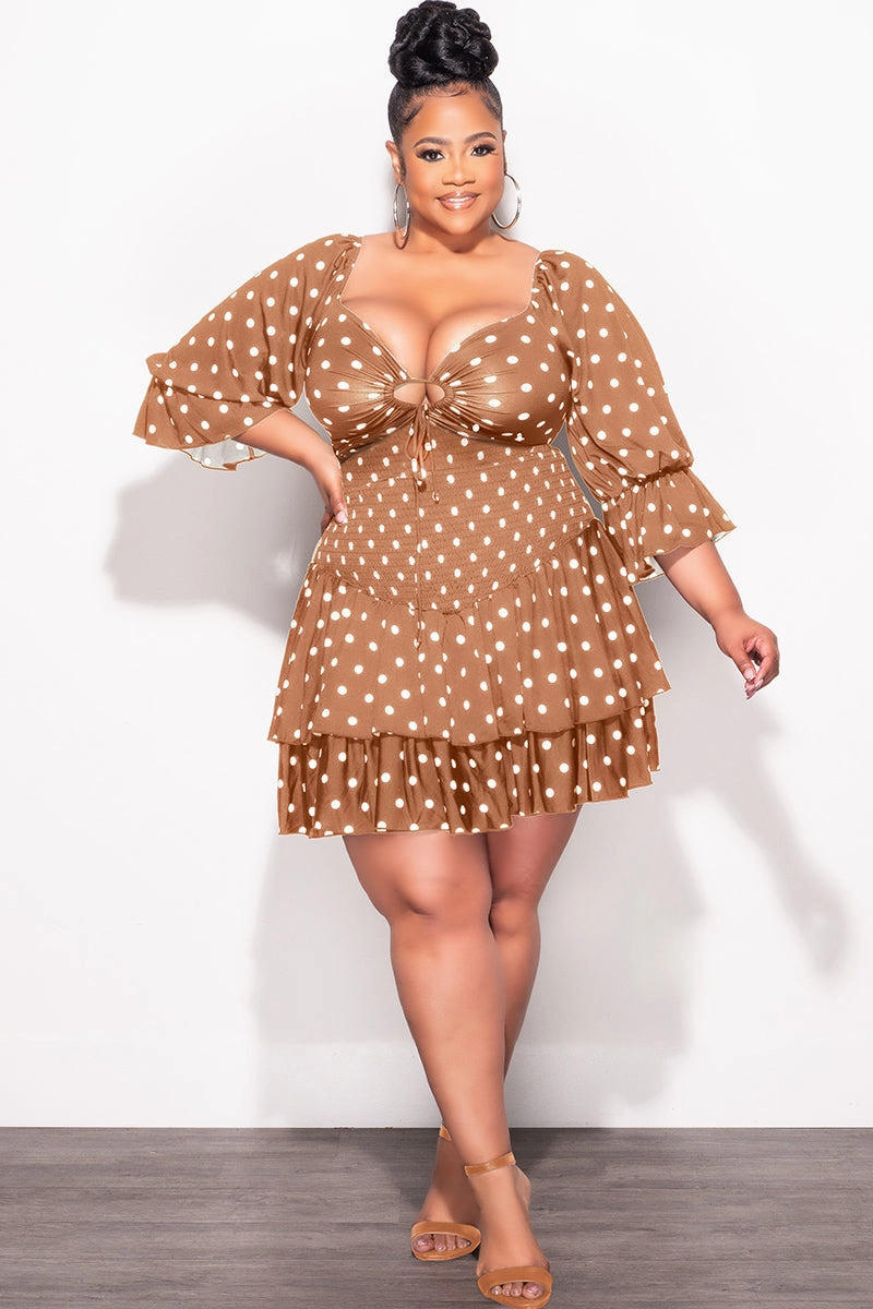 Final Sale Plus Size 2pc Set Off the Shoulder Crop Tie Top and Ruffle Layered Hem Mini Skirt in Dark Mustard with White Polka Comfort Style
