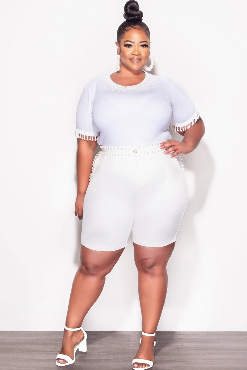 Final Sale Plus Size 2pc Set Pearl Studded Top & Shorts in Ivory Seamless Waist Technology