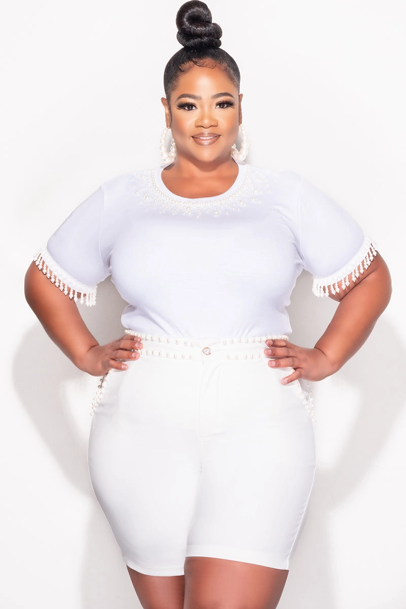 Final Sale Plus Size 2pc Set Pearl Studded Top & Shorts in Ivory Travel Fit