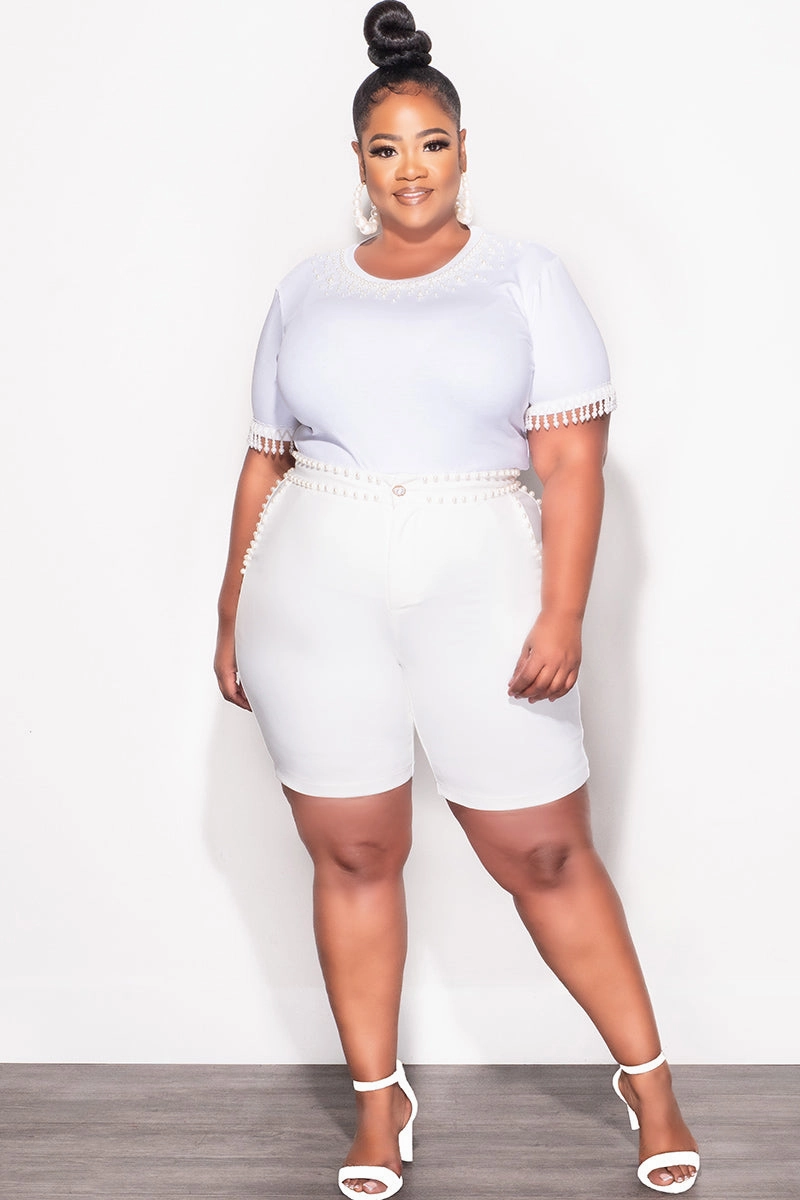 Final Sale Plus Size 2pc Set Pearl Studded Top & Shorts in Ivory UV protection coating