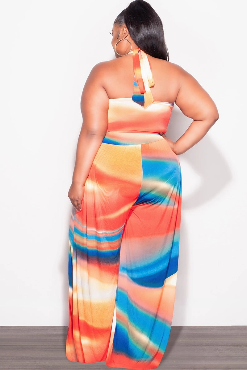 Final Sale Plus Size 2pc Set Self Tie Top & Pants in Red, Royal, Blue and Orange Multi Color Print Summer Quick Change Everyday Ease