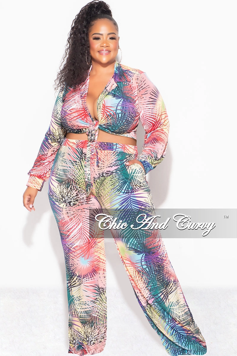 Final Sale Plus Size 2pc Set Tie Crop Top and Palazzo Pant Set in Multi-Color Palm Print ElasticWaist