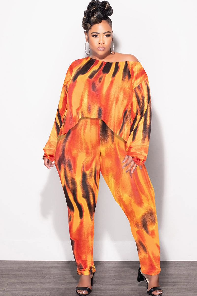 Final Sale Plus Size 2pc Set Top & Pants in Orange, Yellow & Black Print Fall Ripstop Fabric Technology Casual Appeal