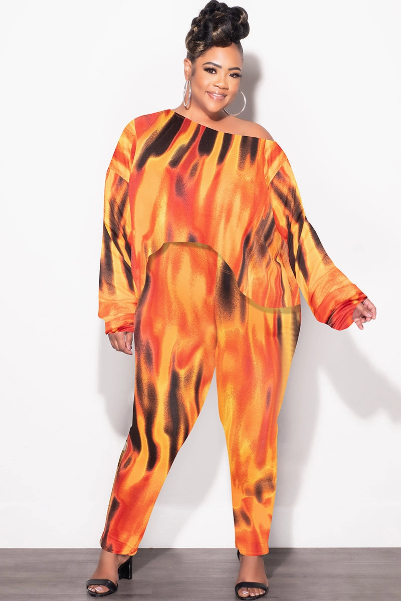 Final Sale Plus Size 2pc Set Top & Pants in Orange, Yellow & Black Print Fall ReflectiveAccentDetails Neutral Shade