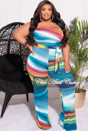 Relaxed Lines Athletic Fit Final Sale Plus Size 2pc Set Tube Top and Belted Pants in Multi-Color Print