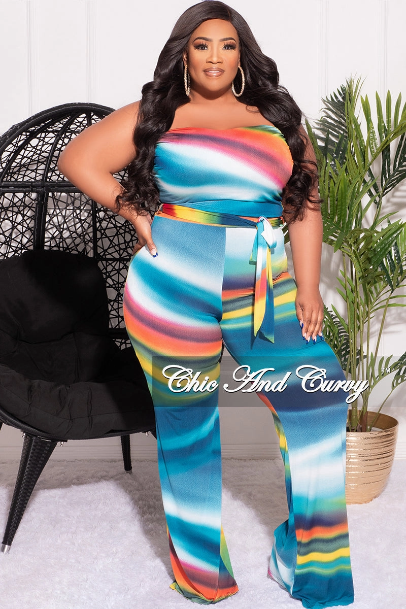 Relaxed Lines Athletic Fit Final Sale Plus Size 2pc Set Tube Top and Belted Pants in Multi-Color Print