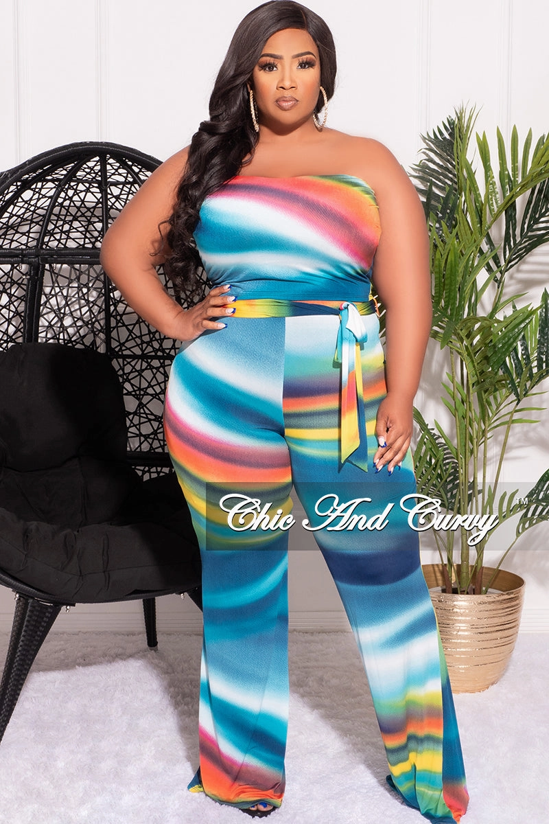 Final Sale Plus Size 2pc Set Tube Top and Belted Pants in Multi-Color Print Quick Pack