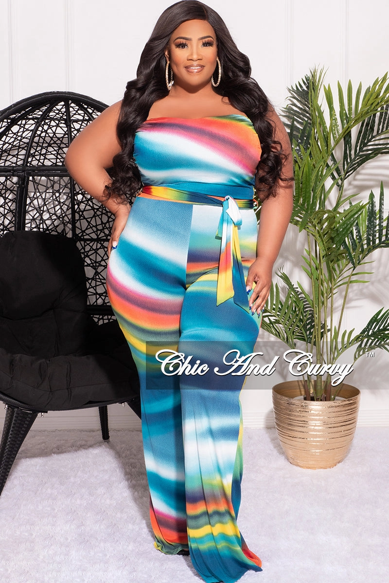 Final Sale Plus Size 2pc Set Tube Top and Belted Pants in Multi-Color Print ResilientElasticBand Bold Waistband