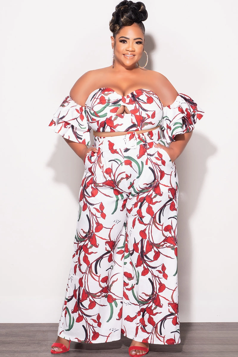 LightweightWeave Abrasion Resistant Surface Final Sale Plus Size 2pc Set White & Red Flower Print With Crop Top & Matching High Rise Pants