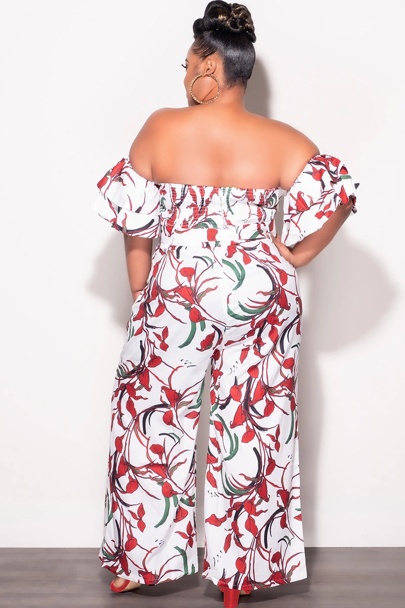 Final Sale Plus Size 2pc Set White & Red Flower Print With Crop Top & Matching High Rise Pants Versatile Layering