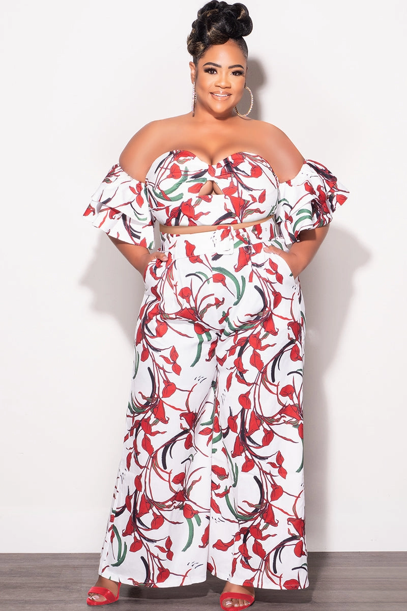 Final Sale Plus Size 2pc Set White & Red Flower Print With Crop Top & Matching High Rise Pants Mid Rise StaticDissipative