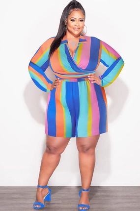 Final Sale Plus Size 2pc Set with Collar Crop Tie Top and Shorts Set in Multi Color Stripe Print Stain Repellent Coating Comfy All-Day