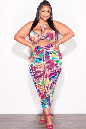 Final Sale Plus Size 2pc Set with Self Tie Top & Ruched Skirt in Floral Multi-Color Print Fade Resistant Dye Stylish Wear