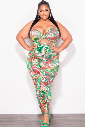 Chilly Day Wear Final Sale Plus Size 2pc Set with Self Tie Top and Ruffle Skirt Set in Green Multi Color Print