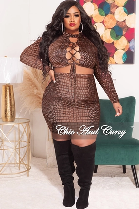 Quick Access Pockets Final Sale Plus Size 2pc Set with Tie Top and Mini Skirt in Brown Alligator Print