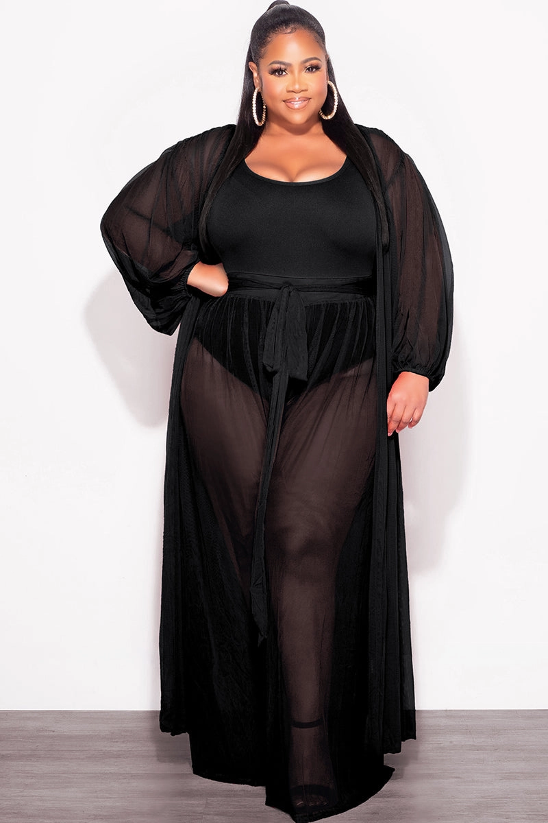 Final Sale Plus Size 2pc Sheer Duster and Pants Set in Black elastic waistband