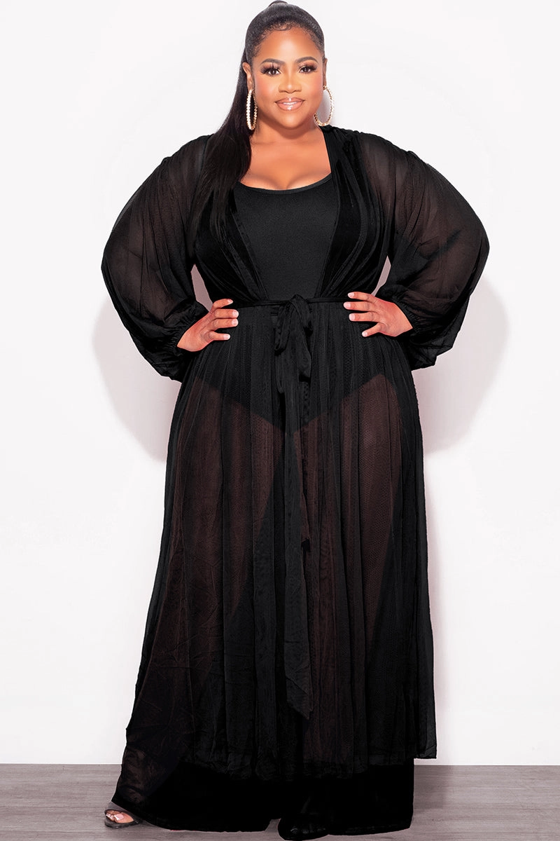 Final Sale Plus Size 2pc Sheer Duster and Pants Set in Black FrictionResistantEdging