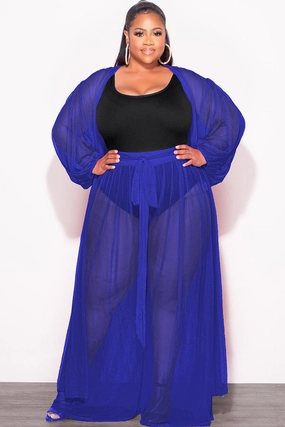 Flexible Activewear Final Sale Plus Size 2pc Sheer Duster and Pants Set in Royal Blue