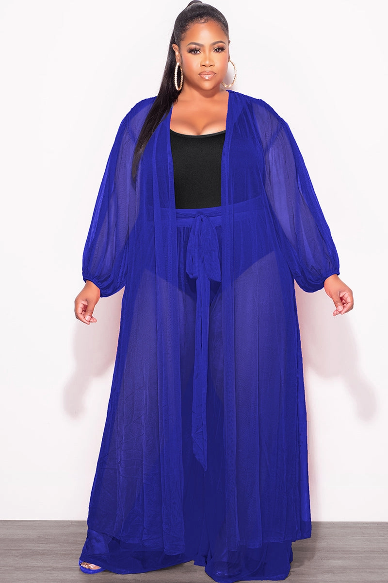 Casual Fit Design Soft Touch Material Final Sale Plus Size 2pc Sheer Duster and Pants Set in Royal Blue