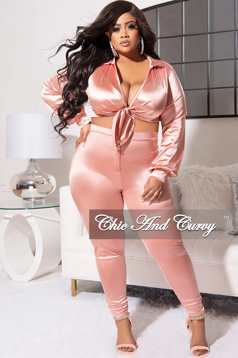 Final Sale Plus Size 2pc Shiny Satin Collared Crop Tie Top and Pants Set in Mauve StretchMaterial