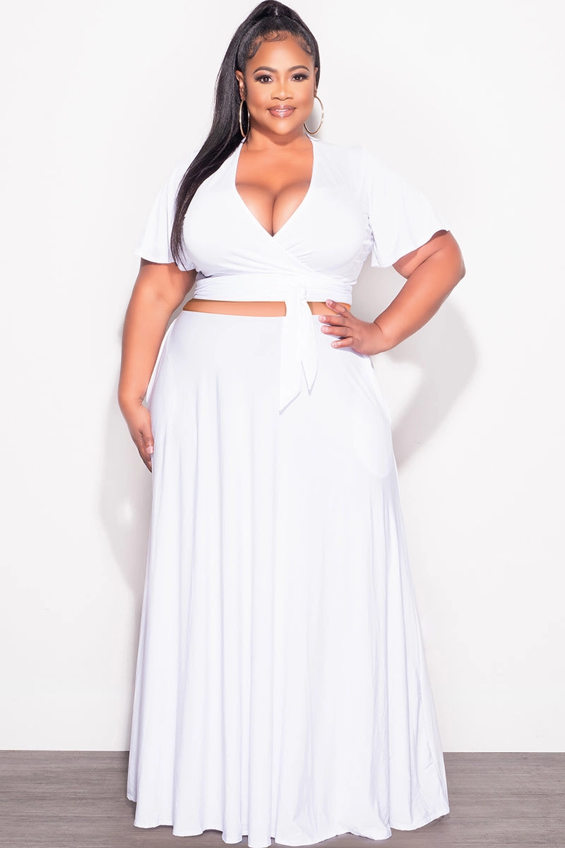 Final Sale Plus Size 2pc Short Sleeve Crop Tie Top and Skirt Set in White Tangle Free Cuffs