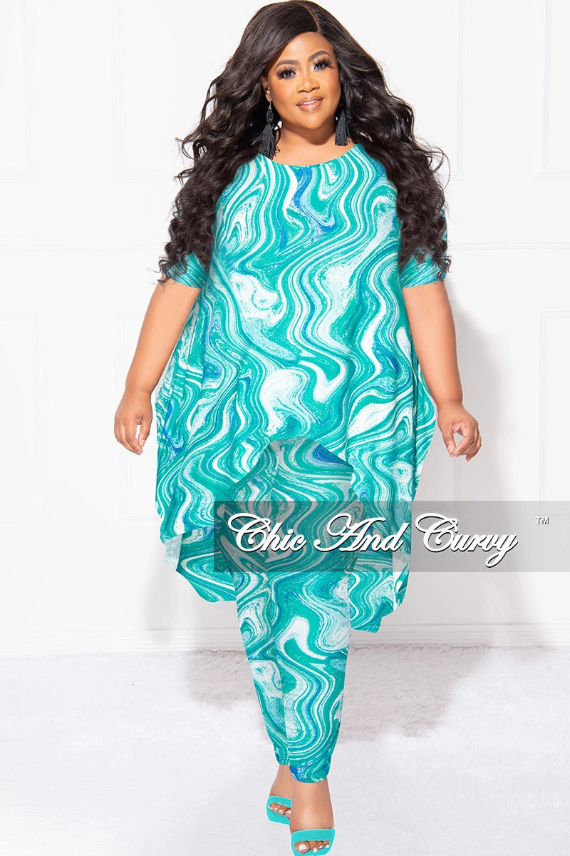 Final Sale Plus Size 2pc Short Sleeve High Low Top And Leggings Set In Green Blue and White Go Anywhere Smart Motion
