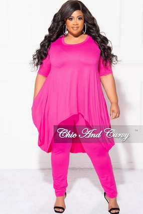 Final Sale Plus Size 2pc Short Sleeve High Low Top And Leggings Set In Magenta Versatile Wear Athletic Comfort