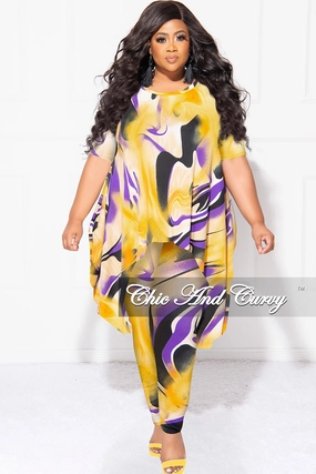 Final Sale Plus Size 2pc Short Sleeve High Low Top And Leggings Set In Yellow and Purple Flexible Activewear Rugged Comfort