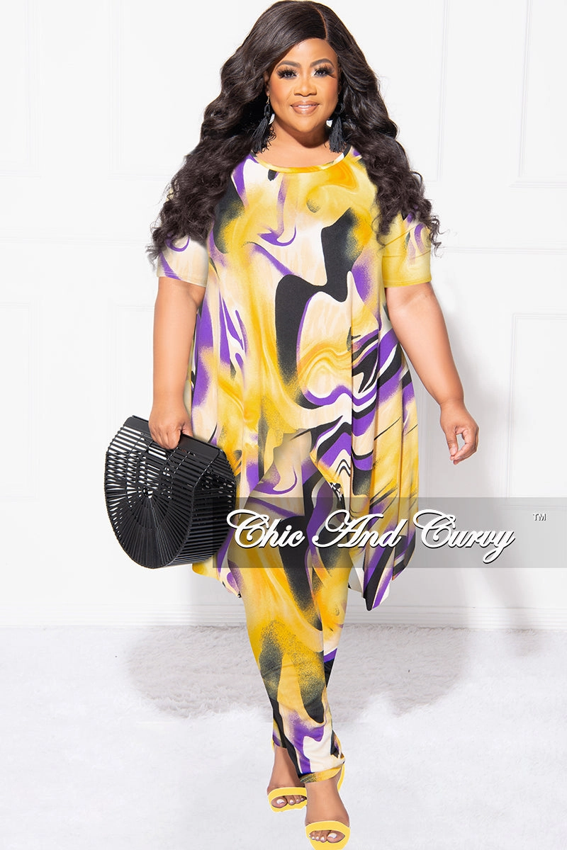 Final Sale Plus Size 2pc Short Sleeve High Low Top And Leggings Set In Yellow and Purple Non slip grip