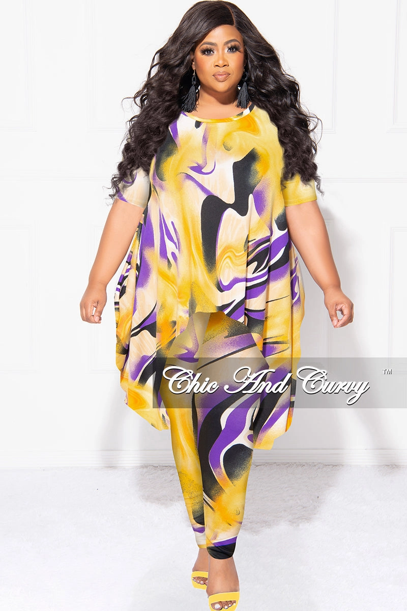 Final Sale Plus Size 2pc Short Sleeve High Low Top And Leggings Set In Yellow and Purple Flexible Activewear Rugged Comfort