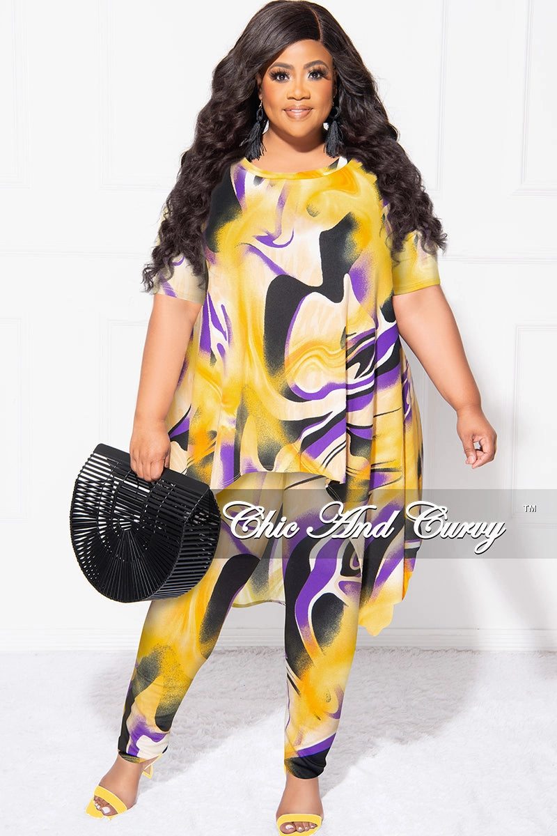 Performance Design Fit Comfy Waistband Final Sale Plus Size 2pc Short Sleeve High Low Top And Leggings Set In Yellow and Purple