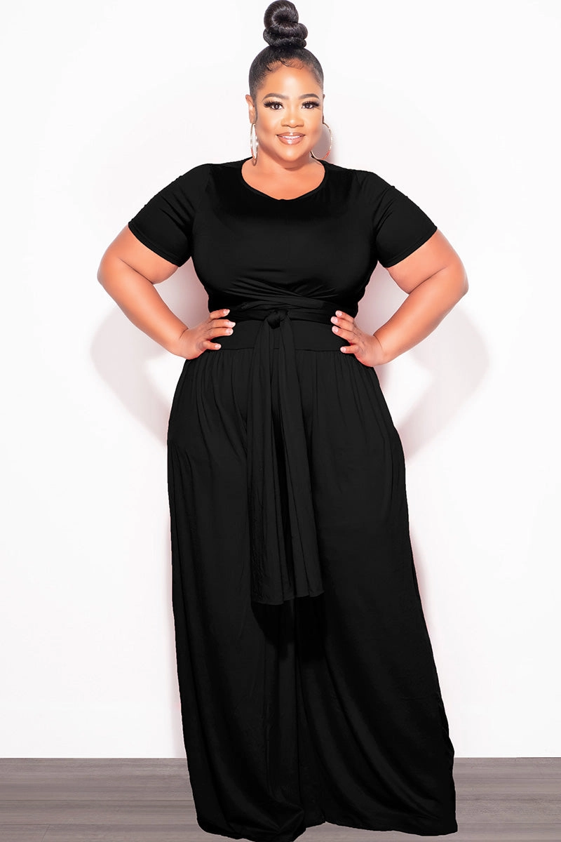 Final Sale Plus Size 2pc Short Sleeve Tie Top and Pants Set in Black Tailored Wear